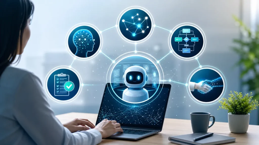 2026년 AI 시대에 필요한 핵심 AI 스킬을 업무 화면으로 정리한 이미지